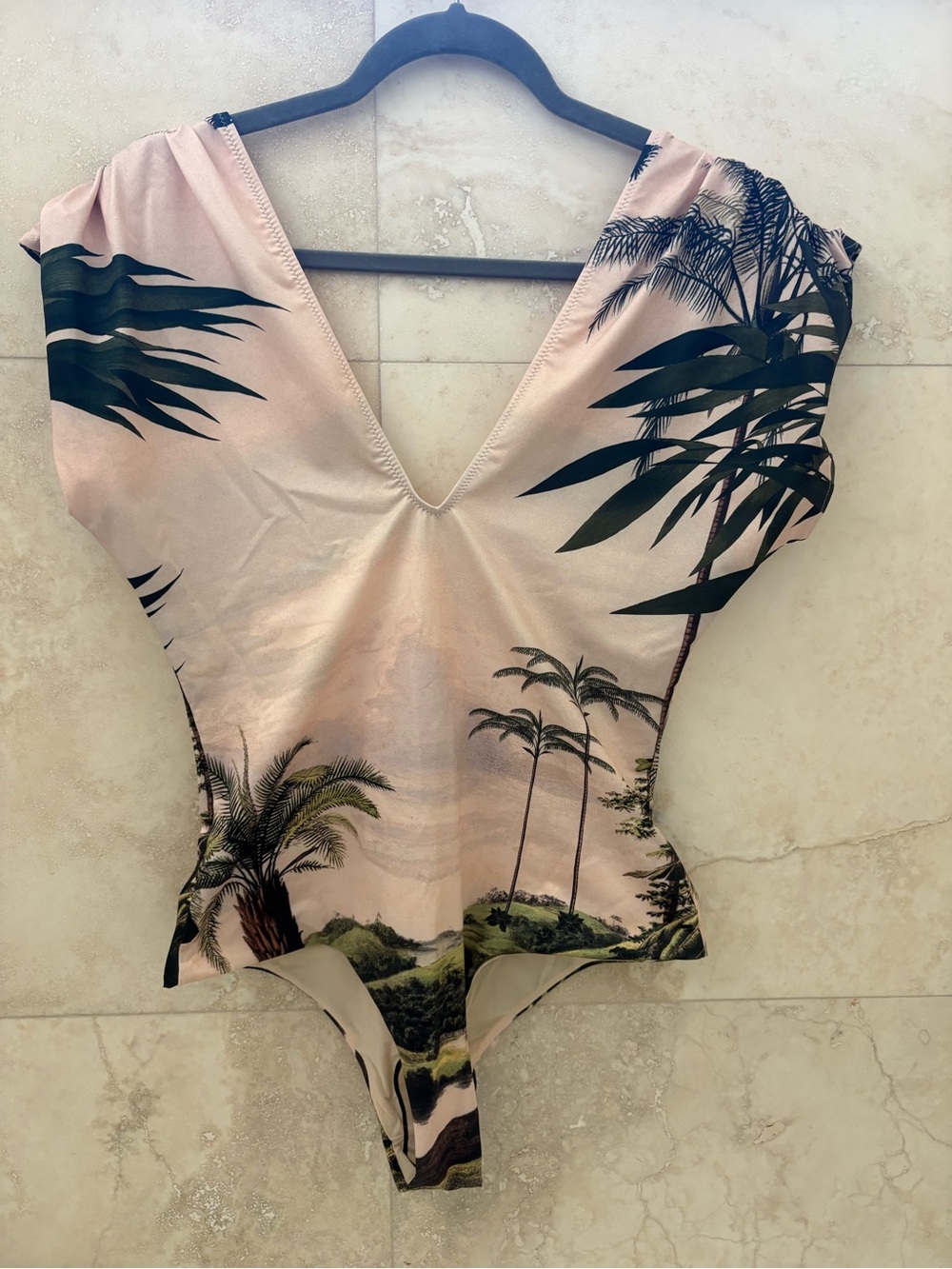 Tropical V-Neck One-Piece Swimsuit in Blush with Palm Print